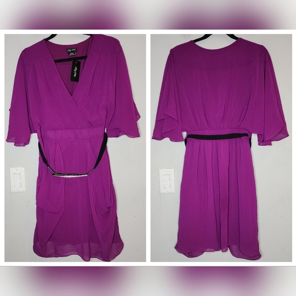 NWT City Chic Magenta Belted Faux Wrap Drape Belted Flutter Sleeve Dress 12 - Picture 14 of 15